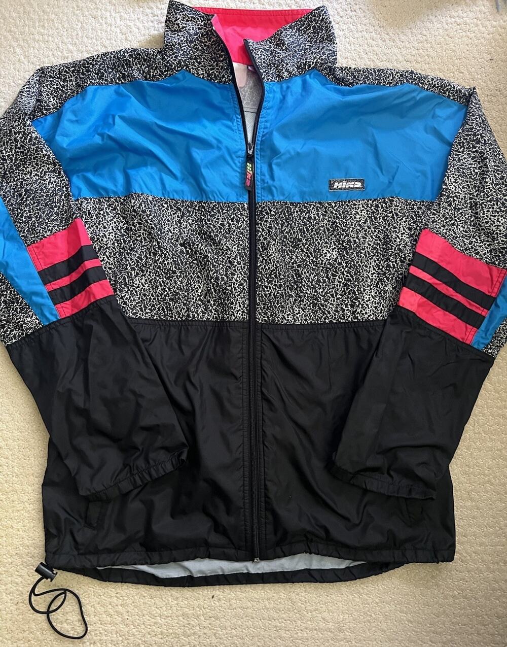 Vintage 90s HIND Windbreaker Jacket Colorblock Neon Pink Blue Speckled L XL